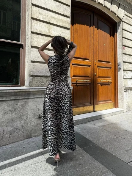 Leopar Desenli Fermuarlı Cepli Pileli Kadın Midi Elbise- Leopar - Resim 7