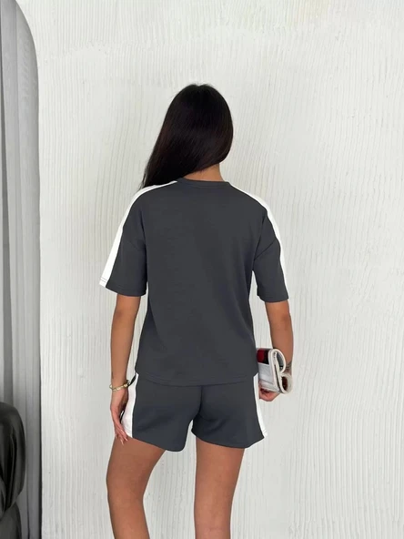 Osy Modal yumuşak dokulu Kumaş Kadın Parçalı Bisiklet Yaka T-shirt Kısa Şort İkili Takım - Antrasit - Resim 2