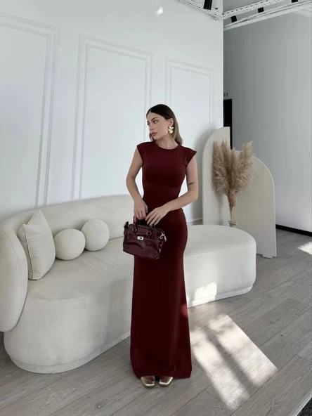 Kolsuz Uzun Likralı Elbise - Bordo - Resim 4