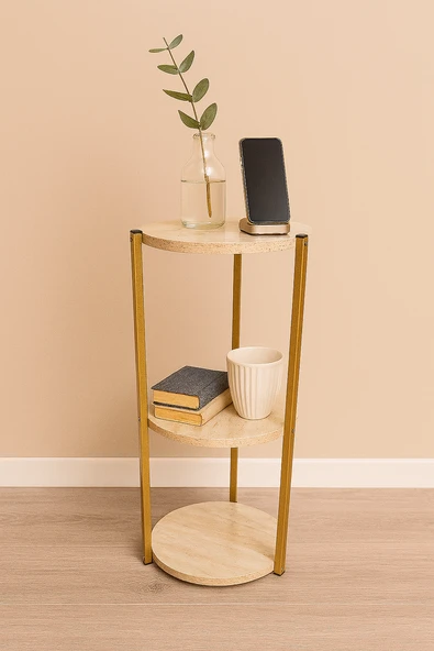 Çok Amaçlı 3 Katlı Raf - Çiçeklik, Organizer, Sehpa Ve Köşe Rafı - Gold - Traverten - Resim 2