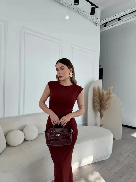 Kolsuz Uzun Likralı Elbise - Bordo - Resim 5
