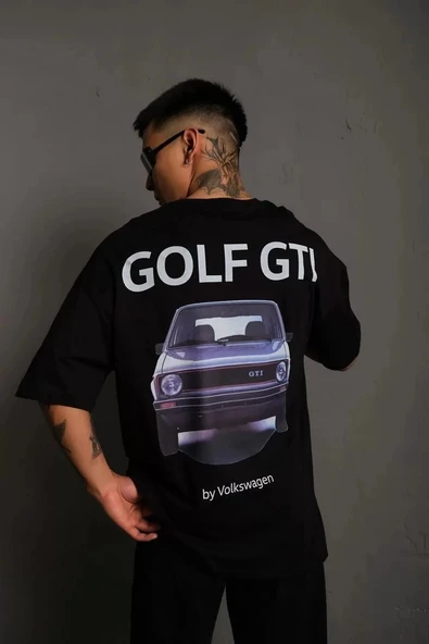 Erkek Sırt Golf Baskılı Oversize T-shirt - Siyah ürün görseli 1