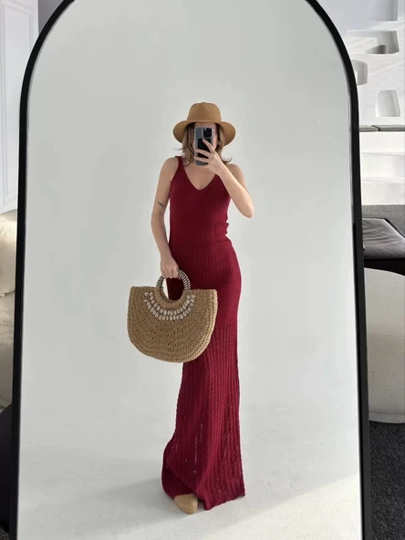 Örgülü Uzun Triko Elbise - Bordo - Resim 3