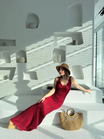 Örgülü Uzun Triko Elbise - Bordo - Resim 5