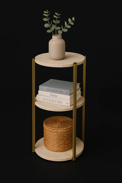 Çok Amaçlı 3 Katlı Raf - Çiçeklik, Organizer, Sehpa Ve Köşe Rafı - Gold - Traverten - Resim 3