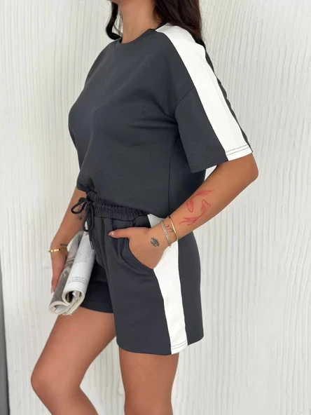 Osy Modal yumuşak dokulu Kumaş Kadın Parçalı Bisiklet Yaka T-shirt Kısa Şort İkili Takım - Antrasit ürün görseli 1