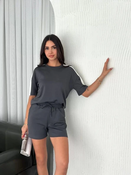 Osy Modal yumuşak dokulu Kumaş Kadın Parçalı Bisiklet Yaka T-shirt Kısa Şort İkili Takım - Antrasit - Resim 3