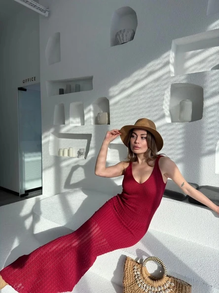 Örgülü Uzun Triko Elbise - Bordo - Resim 4