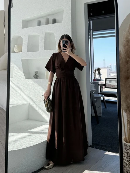 Kısa Kollu Uzun Elbise - Kahve - Resim 6