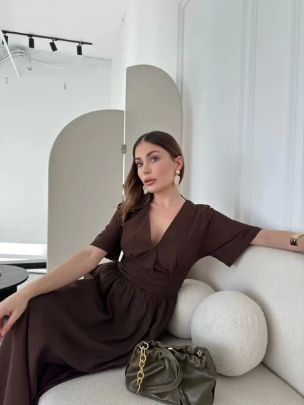 Kısa Kollu Uzun Elbise - Kahve ürün görseli 1