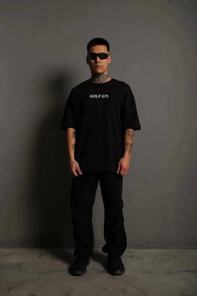 Erkek Sırt Golf Baskılı Oversize T-shirt - Siyah - Resim 3