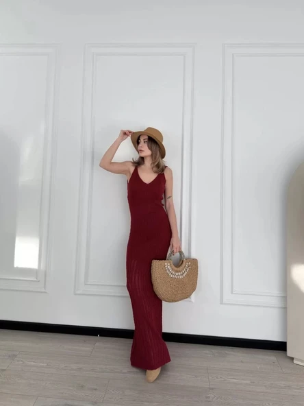 Örgülü Uzun Triko Elbise - Bordo ürün görseli 1