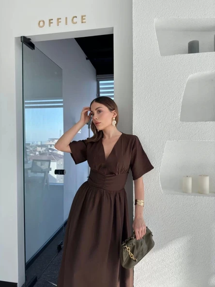 Kısa Kollu Uzun Elbise - Kahve - Resim 4