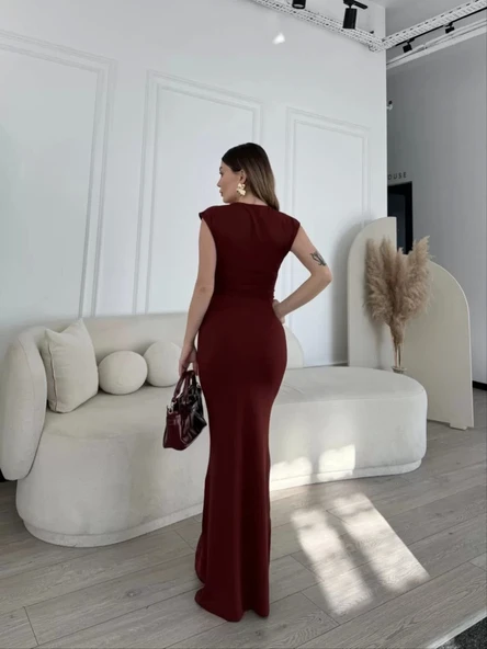Kolsuz Uzun Likralı Elbise - Bordo - Resim 3