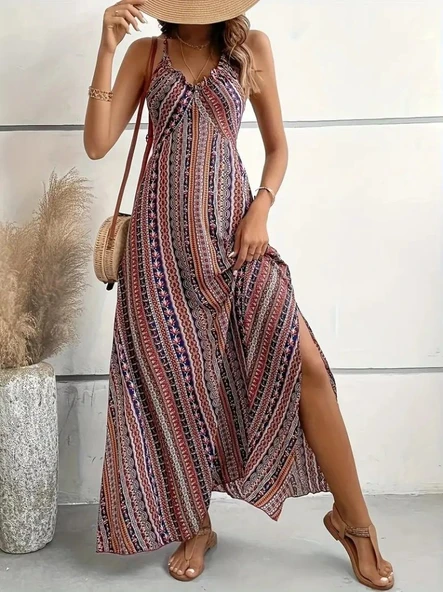 Lucky Life Kadın Ip Askılı Sırttan çapraz Detaylı Yırtmaçlı Desenli Süprem Elbise - Resim 2