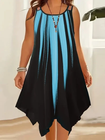 Lucky Life Kadın Askılı Yuvarlak Yaka Asimetrik Detaylı Desenli Süprem Elbise - Resim 2