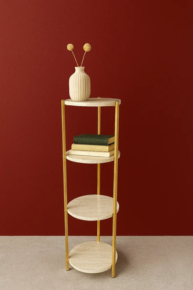 Çok Amaçlı 4 Katlı Raf - Çiçeklik, Sehpa, Organizer ve Köşe Rafı - Gold - Traverten Desen - Resim 2