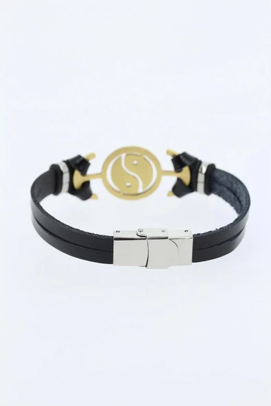 Gold Renk Yin Yang Figürlü Metal Aksesuarlı Siyah Renk Deri Erkek Bileklik - 2
