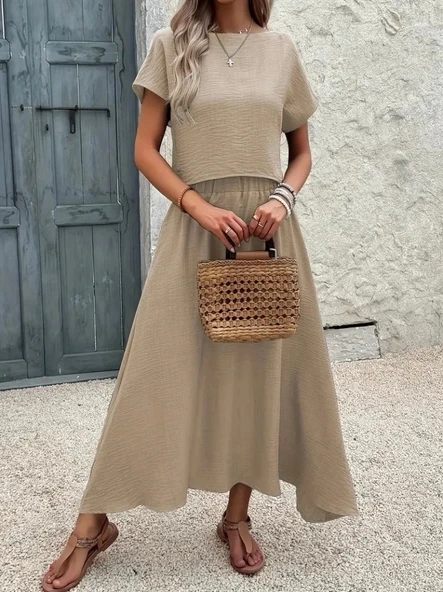 Kadın Kısa Kollu Bisiklet Yaka Bluz Etekli Ithal Keten Ikili Takım - Resim 2