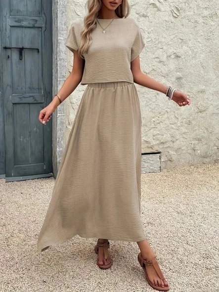 Kadın Kısa Kollu Bisiklet Yaka Bluz Etekli Ithal Keten Ikili Takım - Resim 6