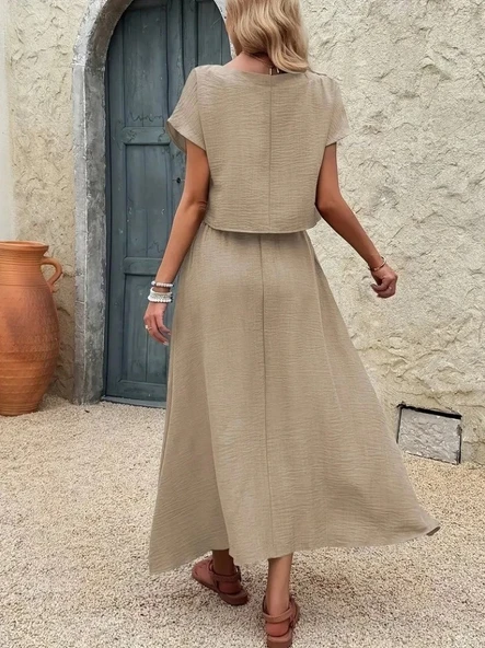 Kadın Kısa Kollu Bisiklet Yaka Bluz Etekli Ithal Keten Ikili Takım - Resim 5