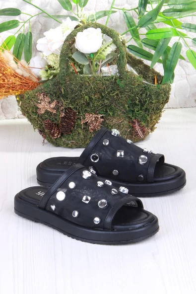 Fort 5054 Keçeli Tül Taş Detaylı Rahat Şık Kadın Terlik - Resim 4