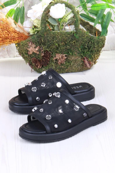 Fort 5054 Keçeli Tül Taş Detaylı Rahat Şık Kadın Terlik - Resim 5