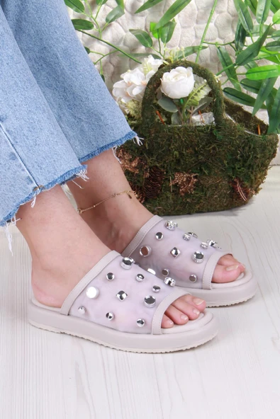 Fort 5054 Keçeli Tül Taş Detaylı Rahat Şık Kadın Terlik - Resim 7