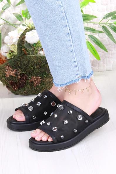 Fort 5054 Keçeli Tül Taş Detaylı Rahat Şık Kadın Terlik - Resim 2