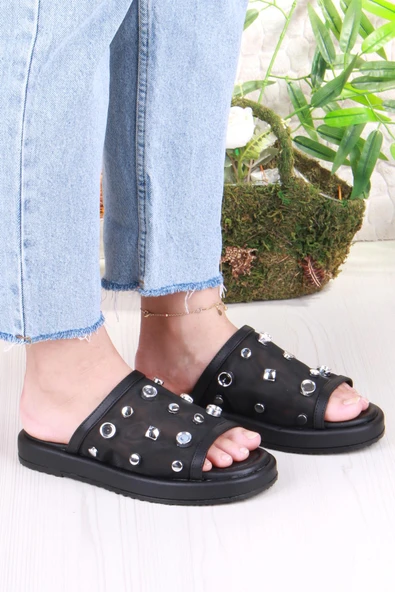 Fort 5054 Keçeli Tül Taş Detaylı Rahat Şık Kadın Terlik - Resim 3