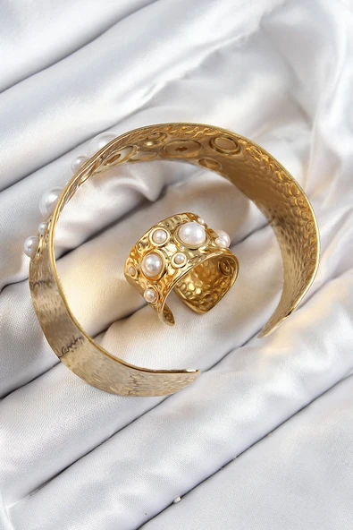 Pirinç İncili Model Gold Renk Bileklik Yüzük Set - 2