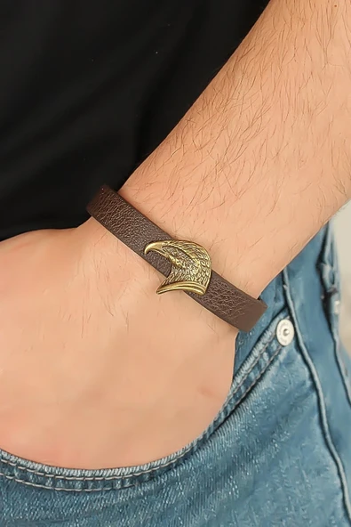 Eskitme Renk Metal Kartal Aksesuarlı Kahverengi Deri Erkek Bileklik ürün görseli 1