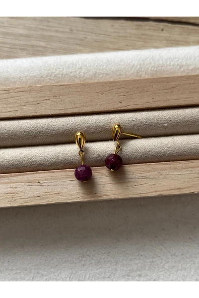 Yakut Taşı Altın Kaplama Damla Küpe El Yapımı