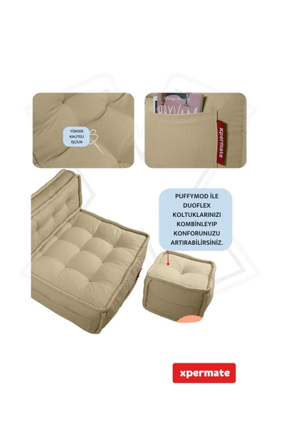 Xpermate DuoFlex Sırtlı Minder Koltuk İskandinav Tarzı Ergonomik  Sırtlıklı Oturma Minderi 80x80x30 Bej - Resim 4