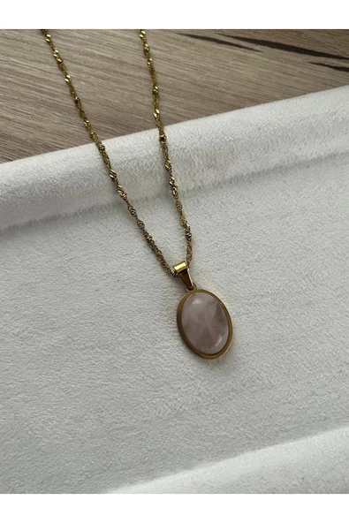 Pembe Kuvars Taşı Çelik Kolye El Yapımı - 1