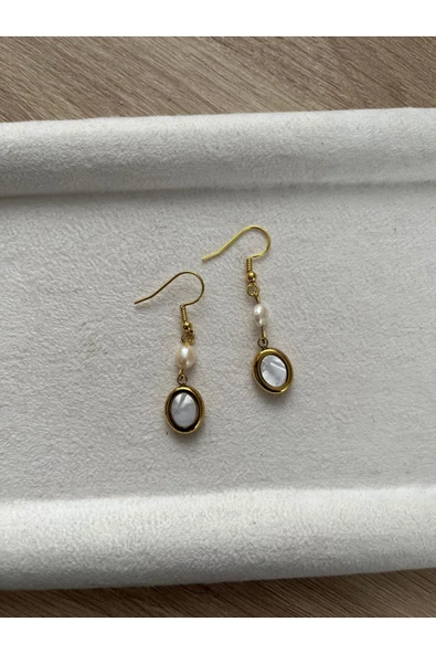 Sedefli Gerçek İncili El Yapımı Çelik Küpe ürün görseli 1