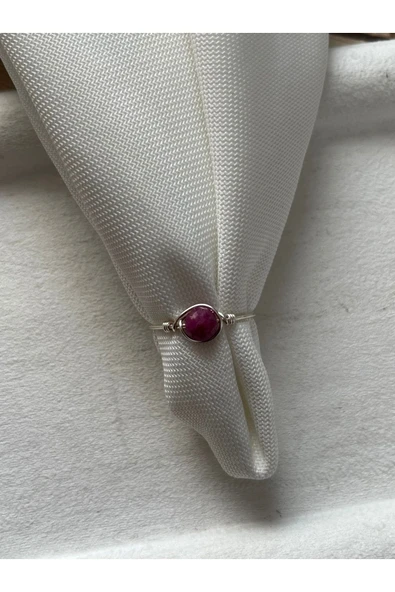 Yakut Taşı Ayarlanabilir Gümüş Renk Tel Yüzük El Yapımı