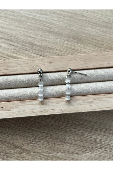Minimal Beyaz Kedi Gözü Gümüş Kaplama Top Küpe - 1