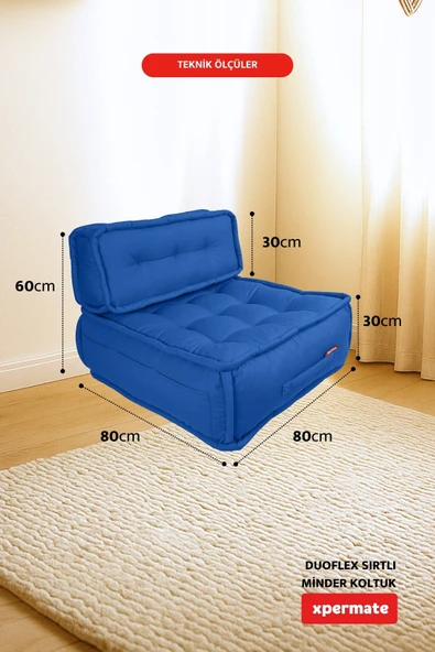 Xpermate DuoFlex Sırtlı Minder Koltuk İskandinav Tarzı Ergonomik  Sırtlıklı Oturma Minderi 80x80x30 Mavi - Resim 2
