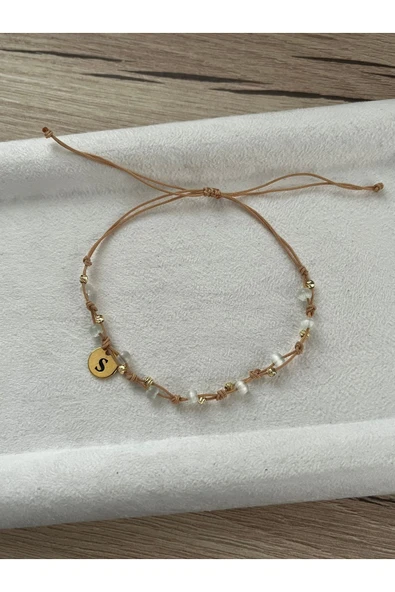 Minimal Yeşil Kedi Gözü Harfli İp Bileklik & Halhal ürün görseli 1