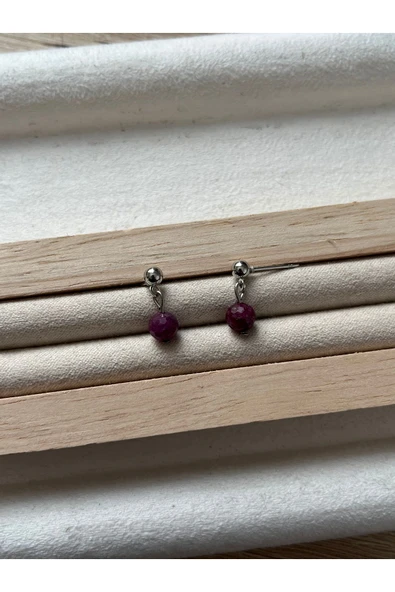 Yakut Taşı Gümüş Kaplama Top Küpe El Yapımı