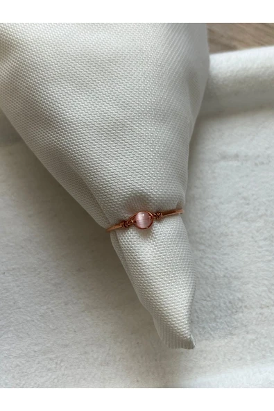 Minimal Pembe Kedi Gözü Ayarlanabilir Bakır Renk Tel Yüzük ürün görseli 1