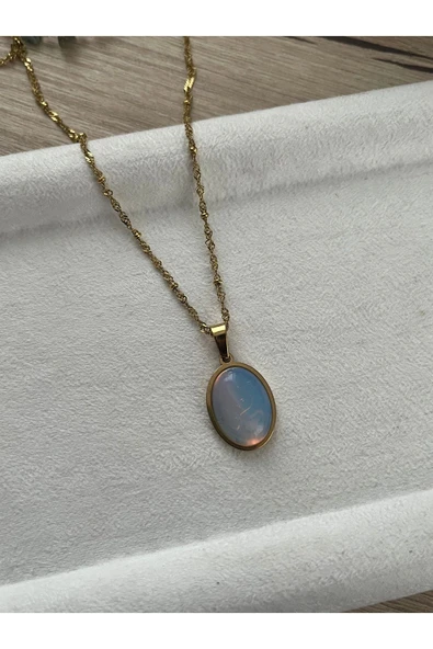 Opal Taşı Çelik Kolye El Yapımı - 1