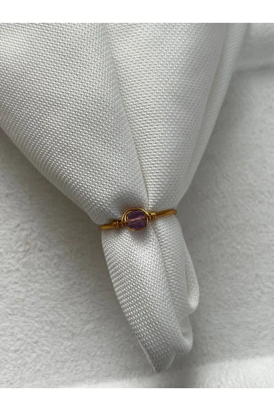 Küp Ametist Taşı Ayarlanabilir Altın Renk Tel Yüzük El Yapımı ürün görseli 1