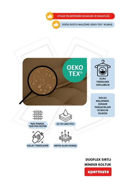 Xpermate DuoFlex Sırtlı Minder Koltuk İskandinav Tarzı Ergonomik  Sırtlıklı Oturma Minderi 80x80x30 Kahverengi - Resim 3