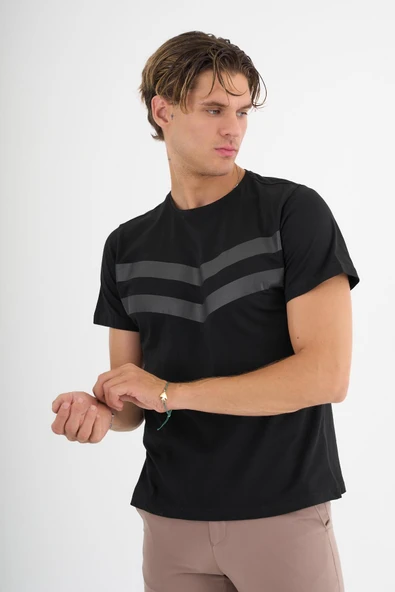 Erkek Siyah Baskılı %100 Pamuklu Standart Kalıp T-Shirt - 7