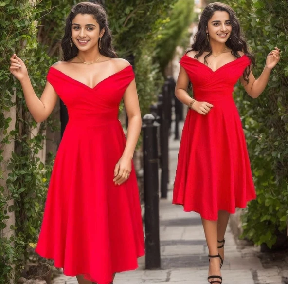 Kadın Kısa Kollu Kruvaze Yaka Eteği Volanlı Krep Elbise - Resim 7