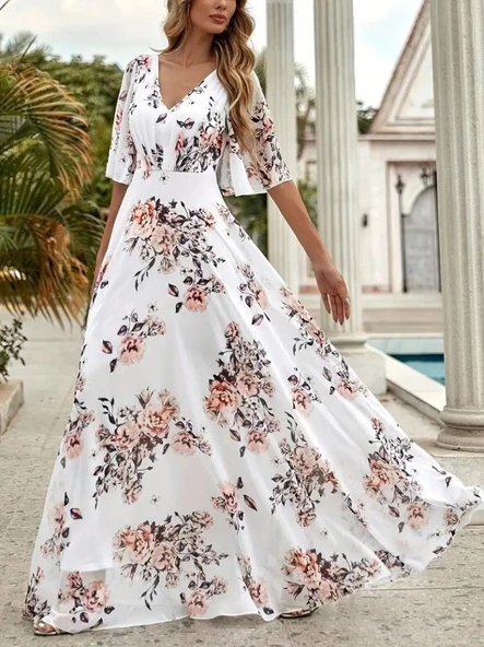 Kadın Kısa Kollu V Yakalı çiçek Desenli Süprem Elbise - Resim 3