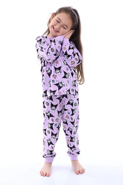 Kuromi Desenli Kız Çocuk Pijama Takımı Pembe 3-8 Yaş - Resim 3
