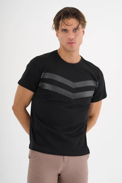 Erkek Siyah Baskılı %100 Pamuklu Standart Kalıp T-Shirt - 5